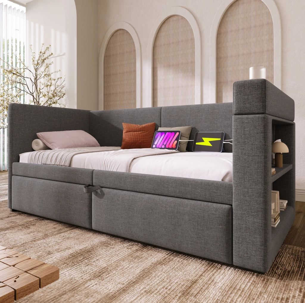 Divano letto ULEVR 90x200 cm con letto estraibile, USB, Type-C e portabicchieri, grigio