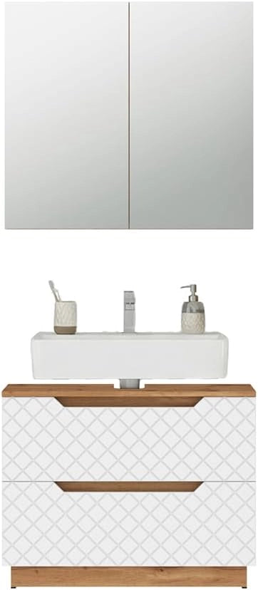 Set di mobili da bagno Lotta, Rovere/bianco con struttura in piastrelle, 2 parti