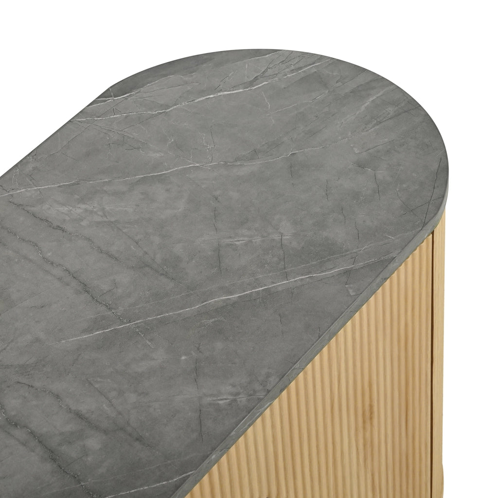 Mobile TV con 2 Ante 3D; 2 Cassetti e Vetrina Ovale in Vetro Grigio; Stile Minimalista; 172??38??45;5 cm; Naturale