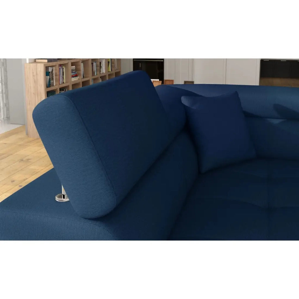 Divano angolare trasformabile MENTON blu oceano e bianco bouclé – Angolo sinistro con vano contenitore