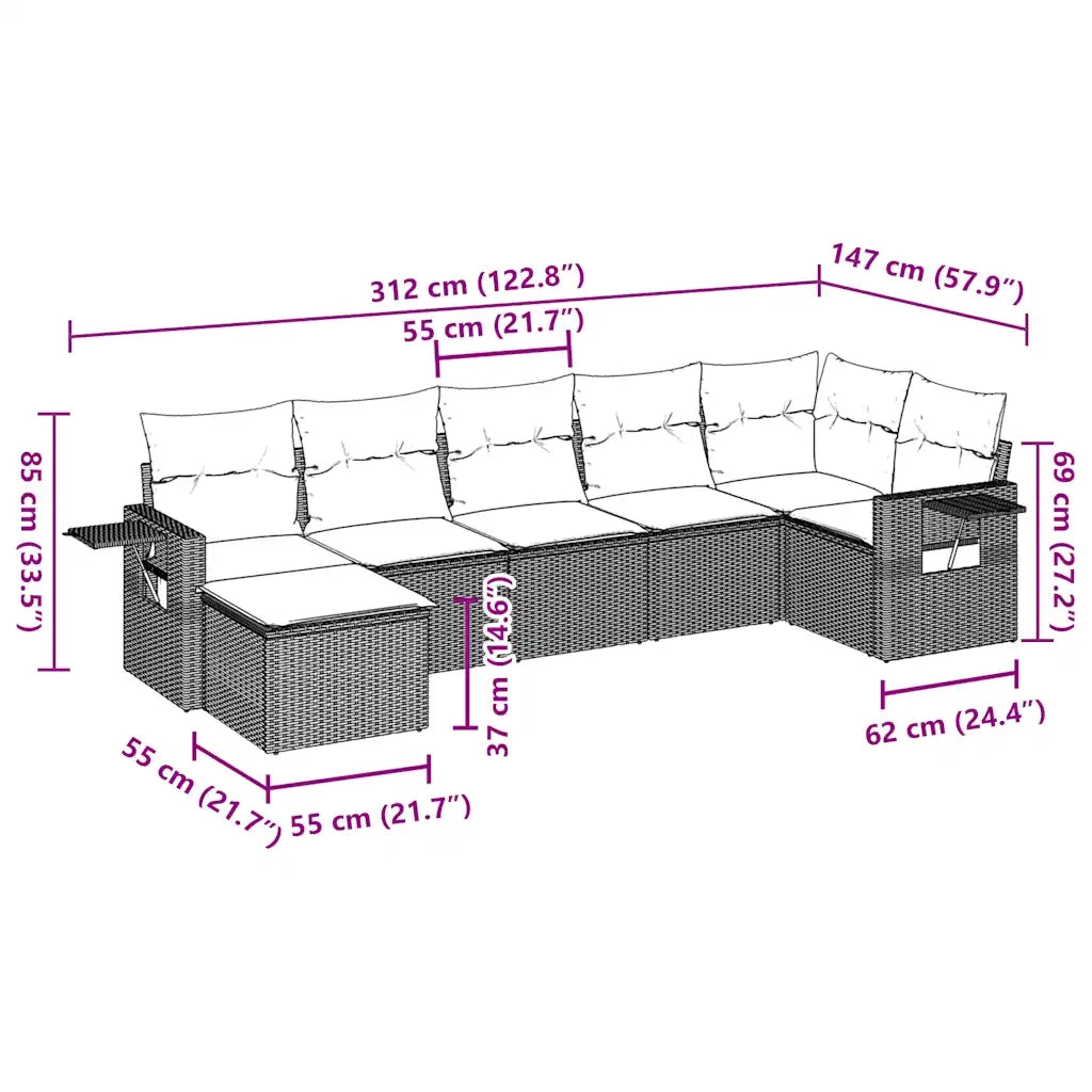 Set Divani da Giardino 7 pz con Cuscini Marrone in Polyrattan