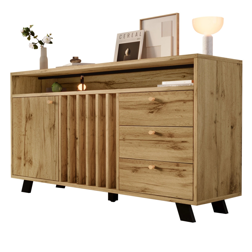 OKWISH Credenza Vintage con 2 Ante 3 Cassetti e Vano Aperto Ripiano Regolabile per Soggiorno Ingresso 120 x 40 x 85 cm
