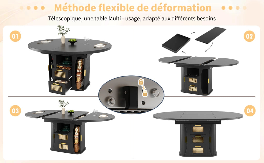Tavolo da pranzo allungabile con 2 cassetti e vani contenitore, in MDF nero, per cucina e soggiorno