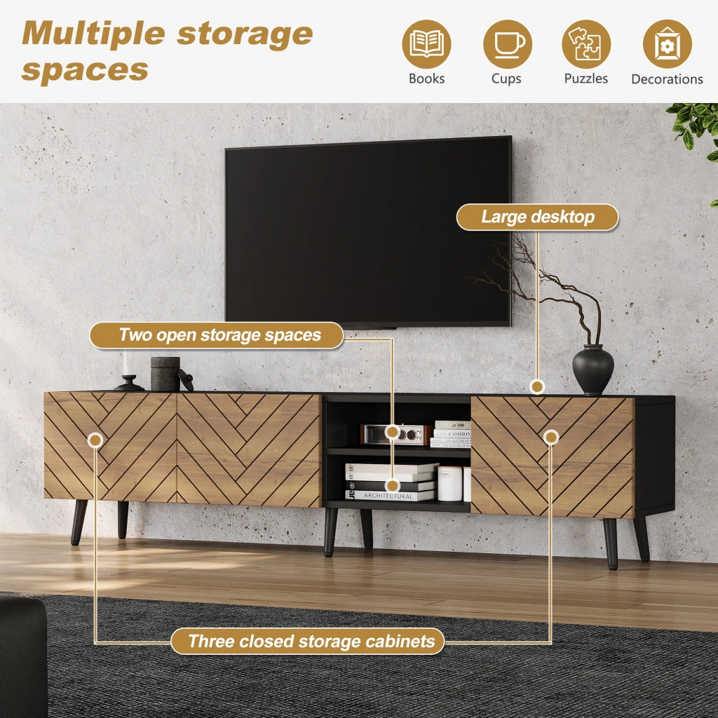 Mobile TV 180x33,5x45 cm con Ante e Passacavi ¨C MINIMAL ¨C Bianco/Nero/Legno