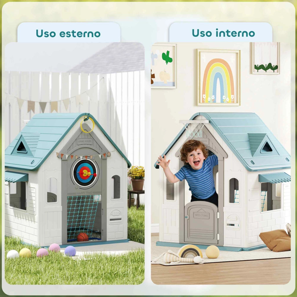 Casetta per Bambini 5 in 1 in PP Multicolore con Palla da Basket, Anelli e Freccette, 132x118x124 cm