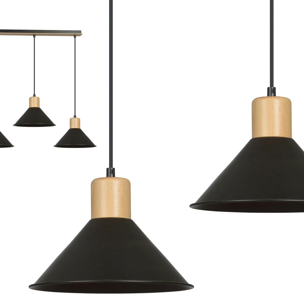 Sospensione Nordica 3 Luci Chandra In Acciaio Nero E Legno