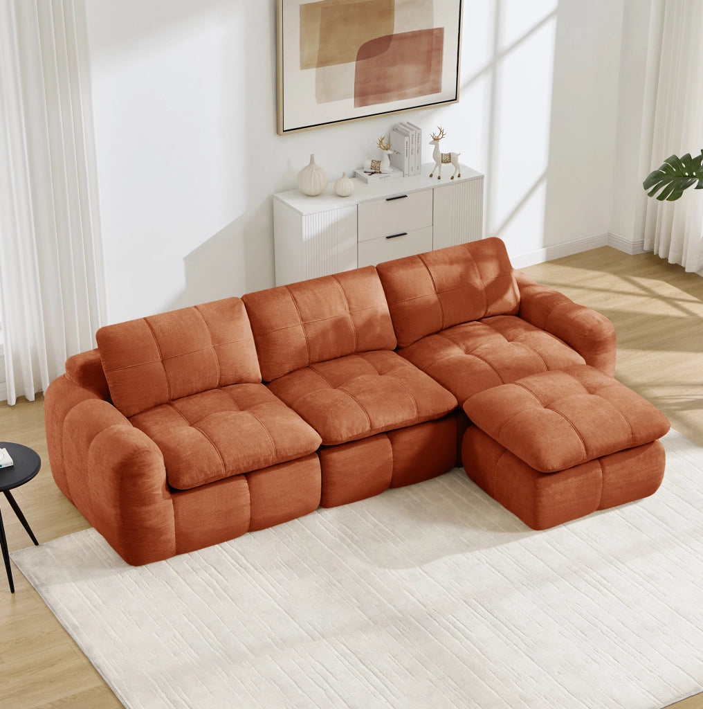 Divano modulare in ciniglia arancione; 264 x 160 x 68 cm