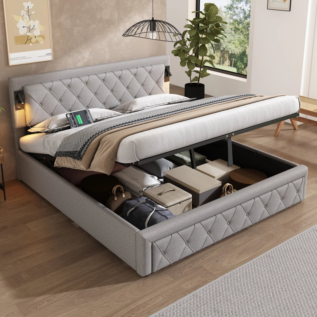 Letti contenitori 180x200 cm; LED e porte USB; lino grigio