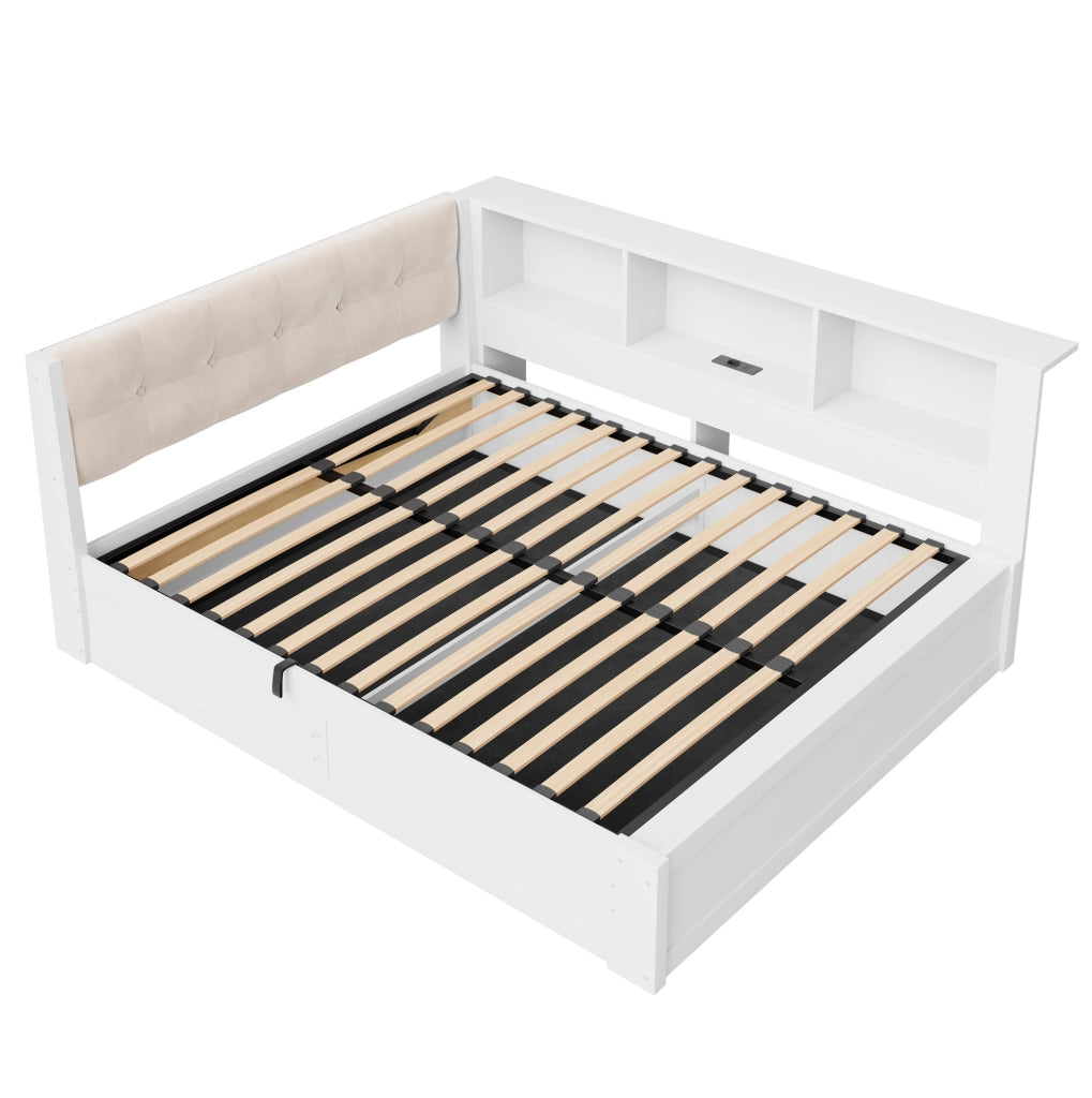 Letto singolo 140x200 cm con contenitore laterale; LED; USB e mensola; bianco