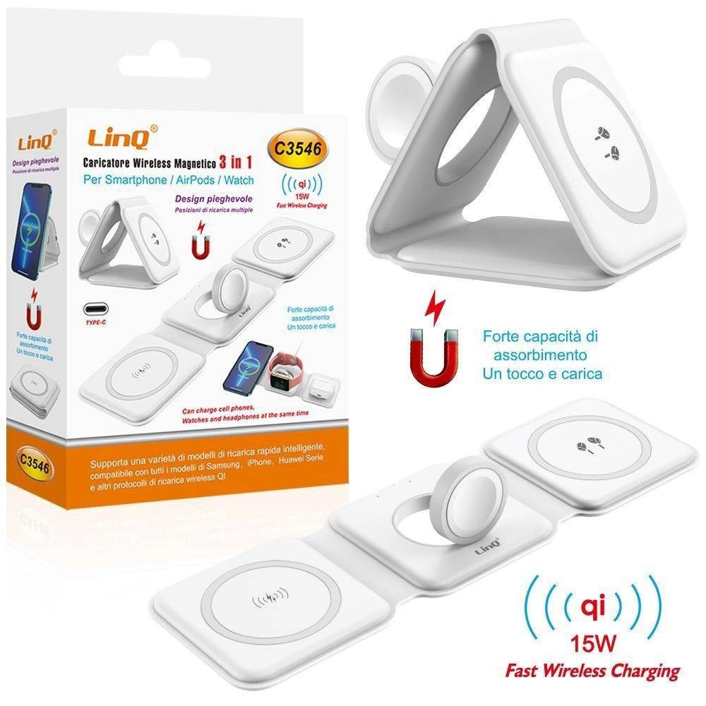 Trade Shop - Caricabatterie Wireless Magnetico 15w 3in1 Qi Smartphone Airpods Smartwatch C3546 -