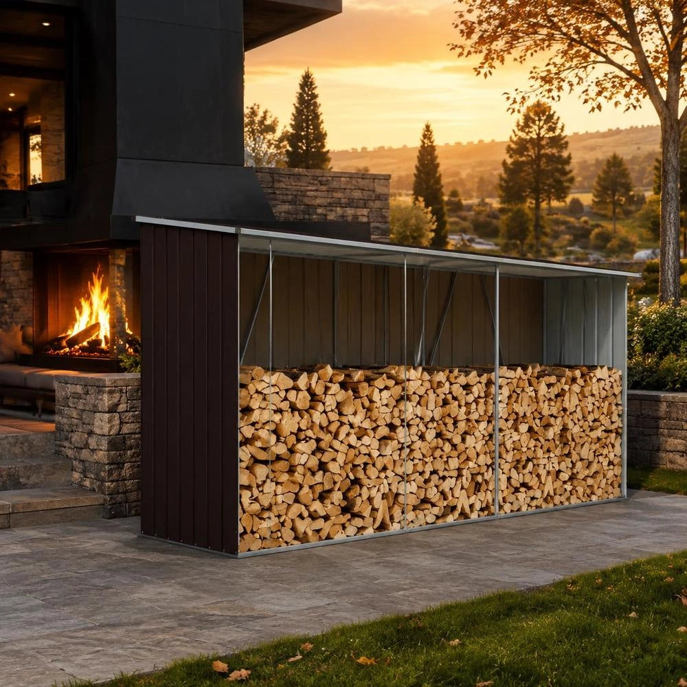 Firewood Storage Unit, Galvanized Steel, 330x84x152 Cm, Brown