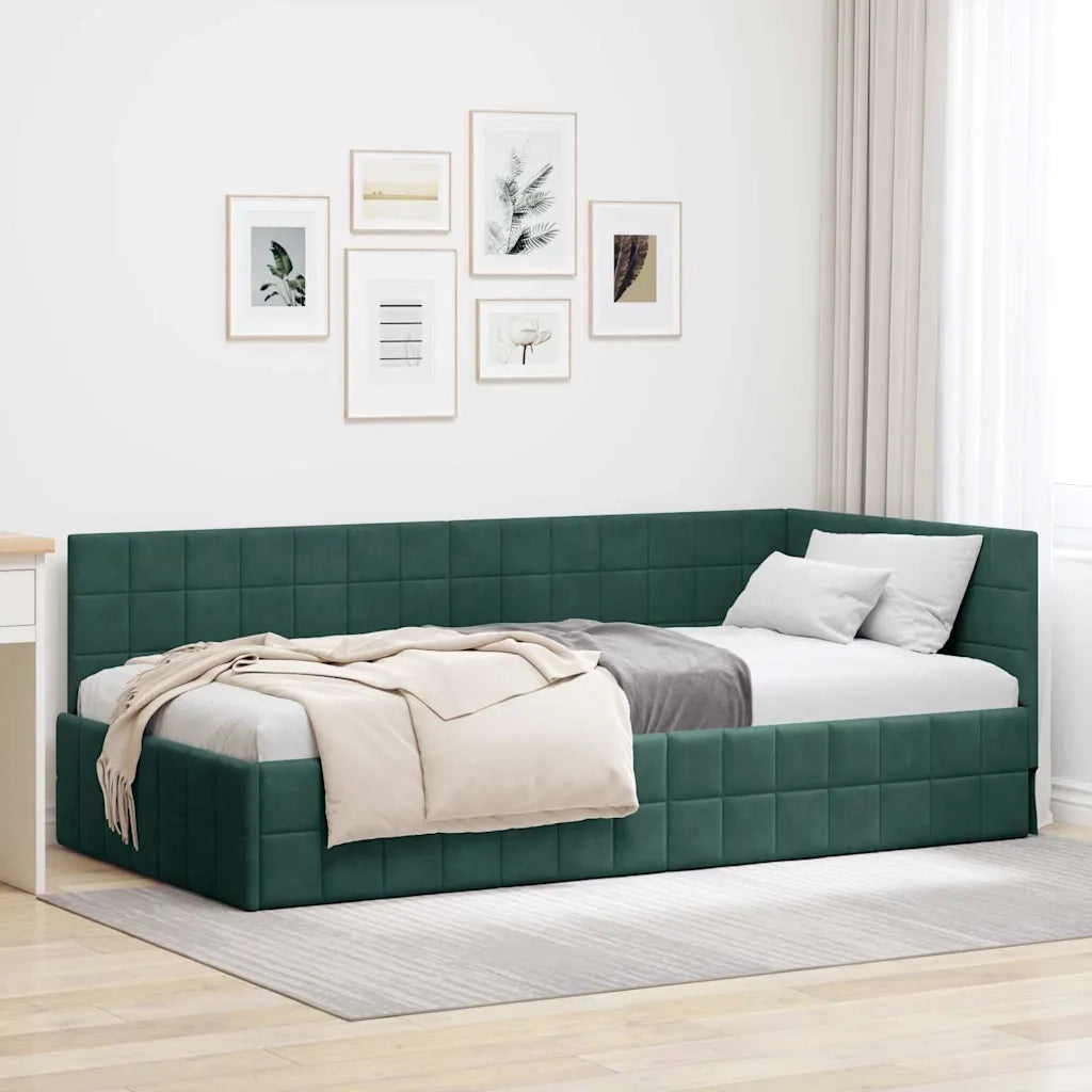 Cornice del letto ad angolo Verde Scuro 90 cm x 190 cm Velluto