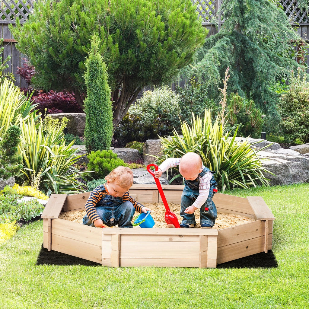 Sabbiera per Bambini 139,5x139,5x21,5cm con 4 Sedute Angolari e Copertura in Legno di Abete