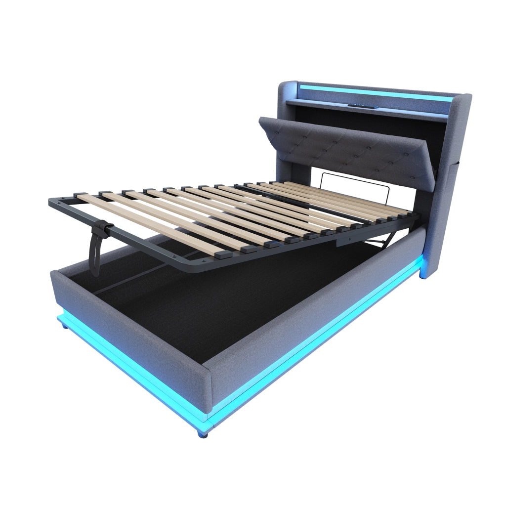 Letto imbottito 90x200 cm con LED e USB; contenitore idraulico; tessuto in lino; grigio
