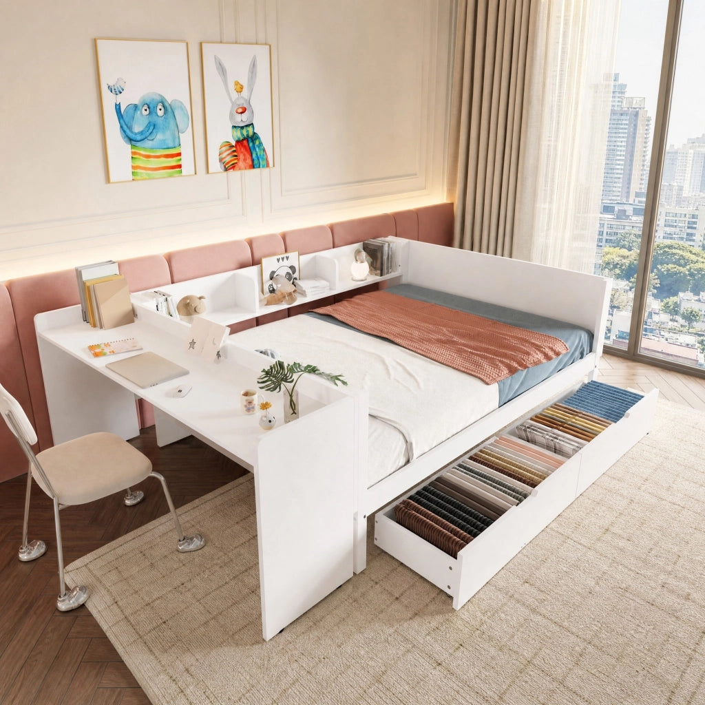 LETTO matrimoniale 140x200 cm bianco in pino, con scrivania, cassetti e ripiani