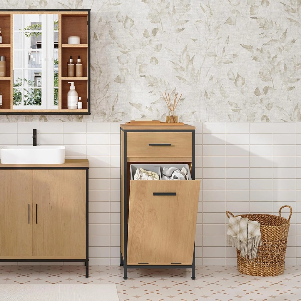 Mobile da Bagno Con Cassetto e Sacco per la Biancheria, Struttura in Metallo e MDF, Rovere Chiaro + Nero, 38x34x80 cm