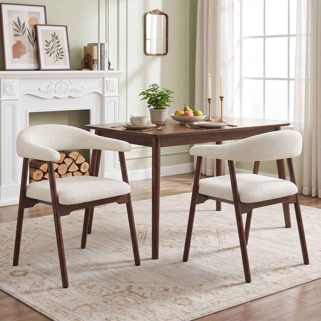 Set di 2 sedie da pranzo - con schienale ergonomico - in legno massello e bouclé - noce