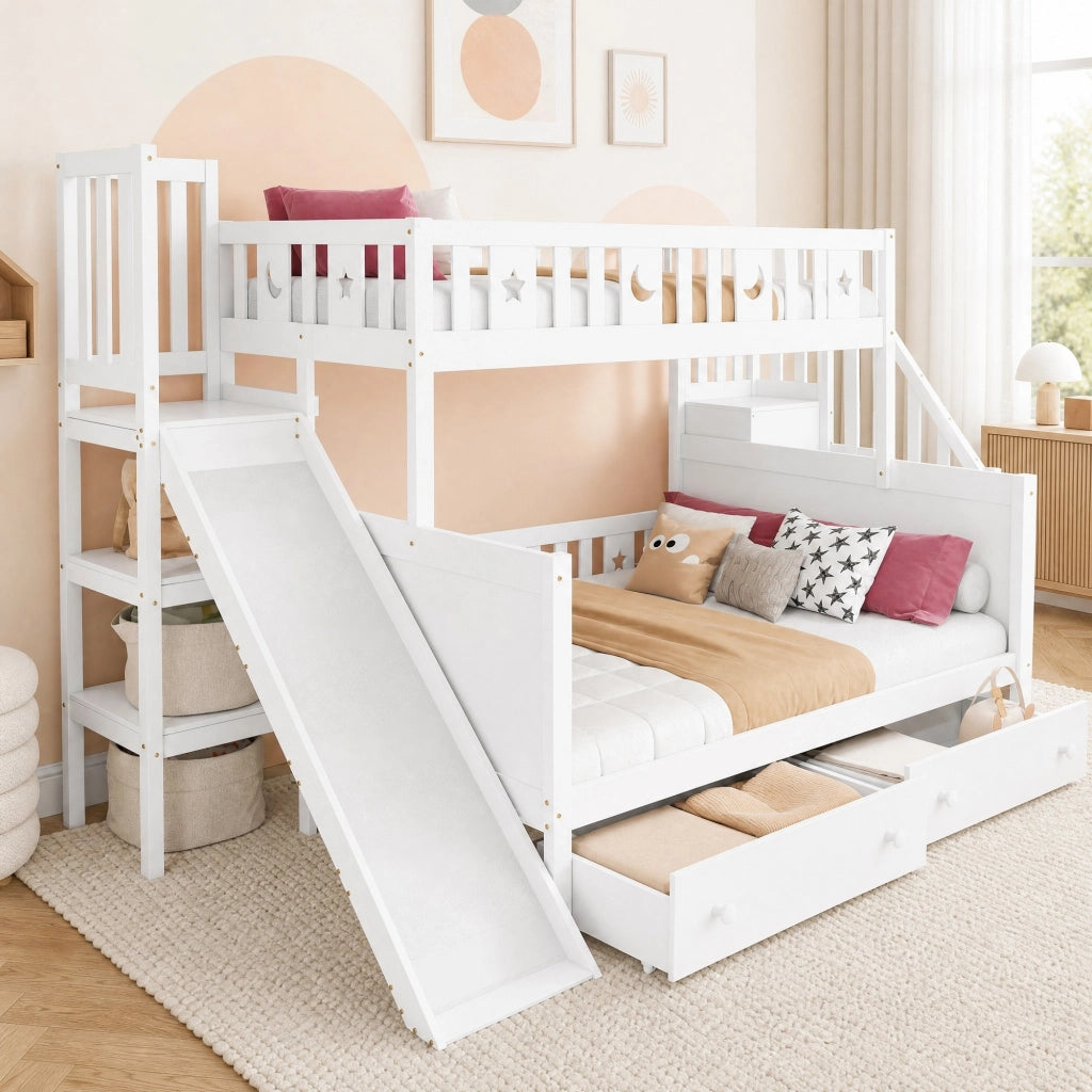 LETTO a castello con scivolo e scala 90x200/140x200 cm Legno massello Bianco