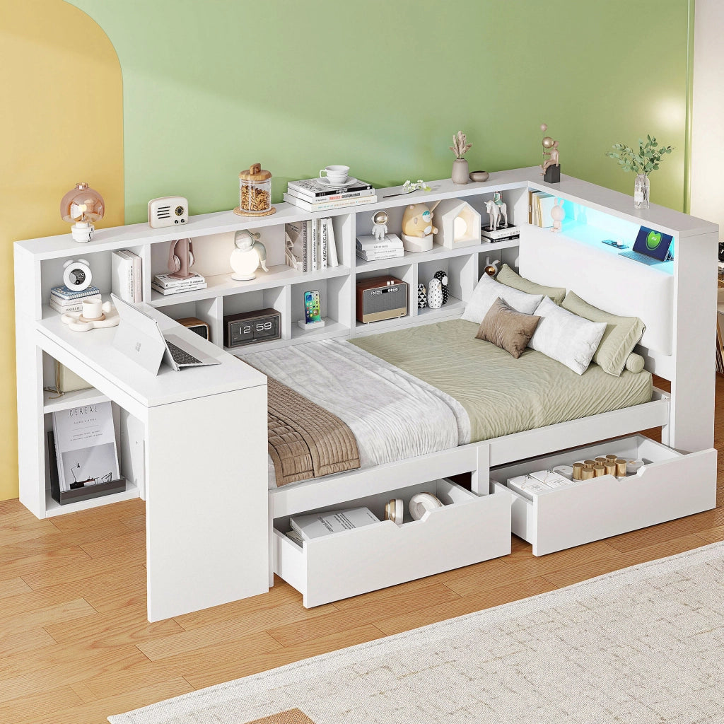 Letto a L con scrivania e libreria integrata 90x200 cm in MDF e multistrato; bianco