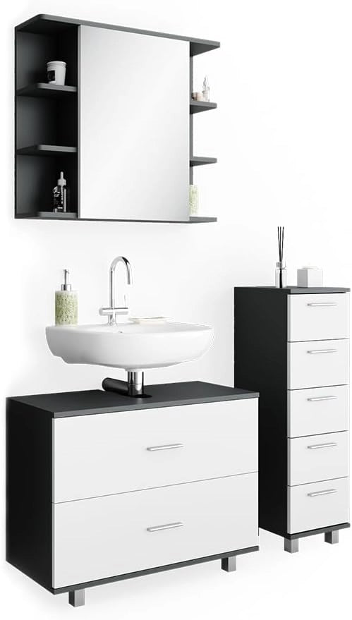 Set mobili bagno Ilias, Bianco/antracite, 80 cm, composto da mobile sottolavabo, specchiera e mobile medio
