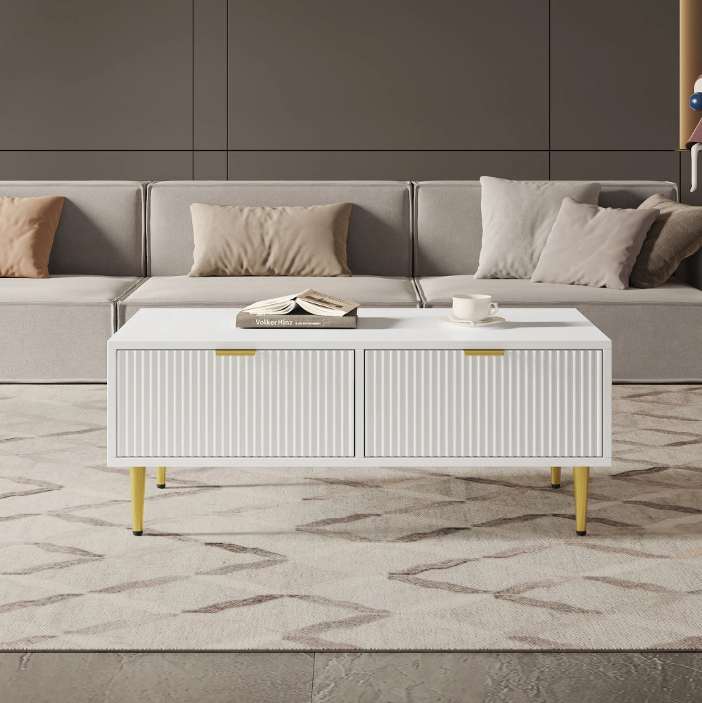 Tavolino da caffè moderno 100x50x40 cm con 2 cassetti in MDF bianco e oro