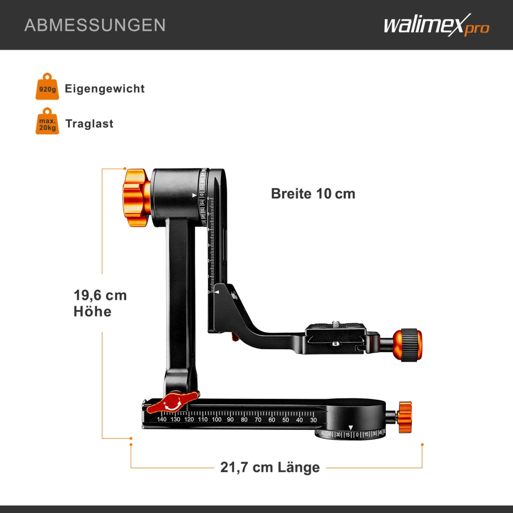 Aluminium Gimbal Head Tripod Head A20 - Testa di treppiede panoramica di alta qualità a 360 gradi con piastra a sgancio rapido Arca, capacità di carico 20 kg, con borsa