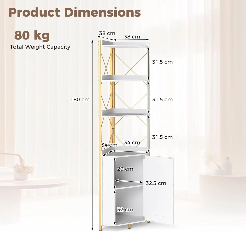 Mensola angolare in piedi con armadio e 6 livelli, 180 cm alto con ripiano regolabile a 5 livelli, vetrina angolare indipendente con porta, scaffale industriale (bianco)