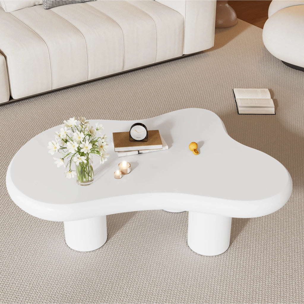 Tavolino da caffè con piano irregolare; per soggiorno; in MDF; 97×67×32 cm; bianco