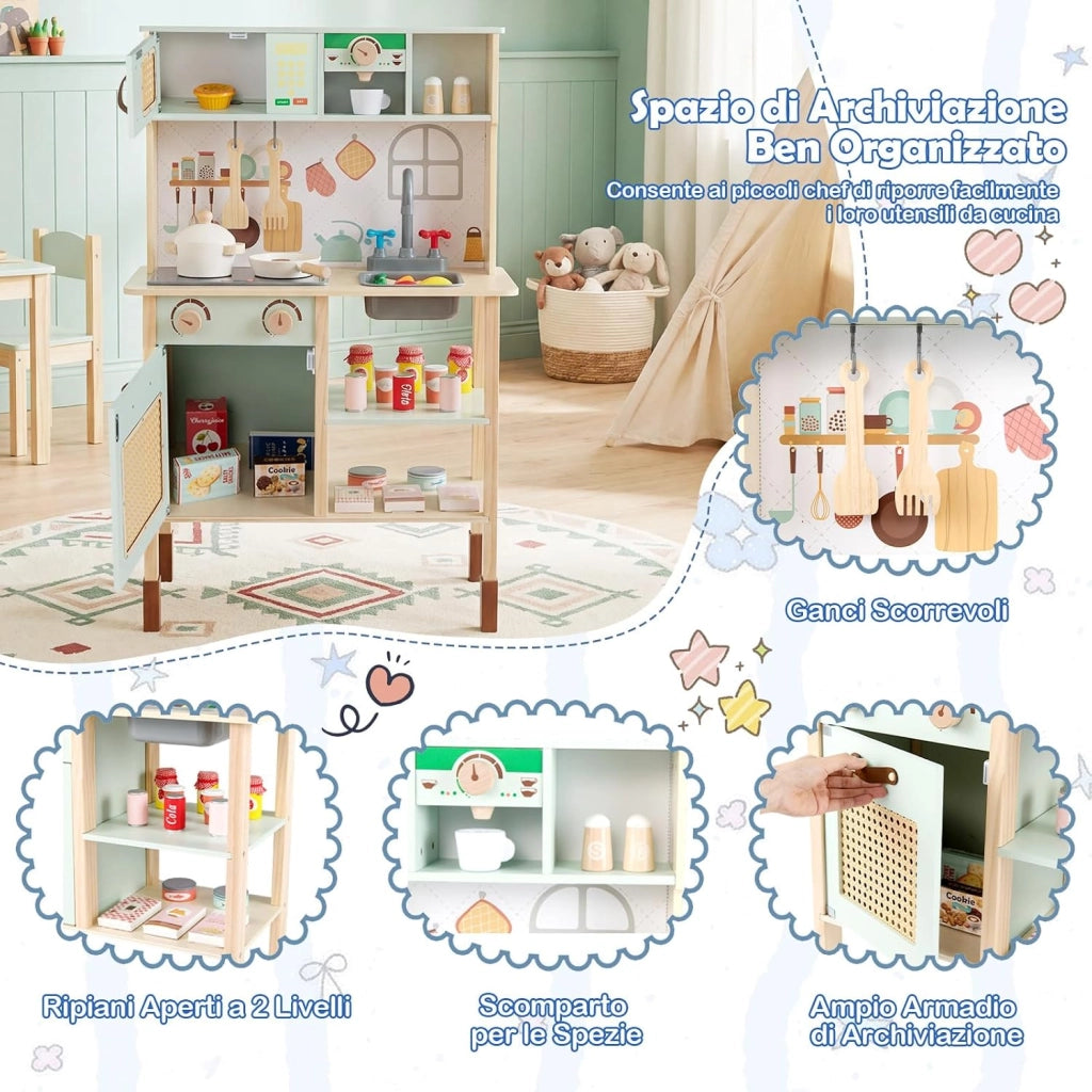 Cucina Giocattolo Bifacciale per Bambini, Cucina Educativa in Legno con Porte in Rattan, Lavagna sul Retro, Luci e Suoni, Accessori Completi, Gioco di Imitazione 3+ Anni, 60 x 29 x 95 cm