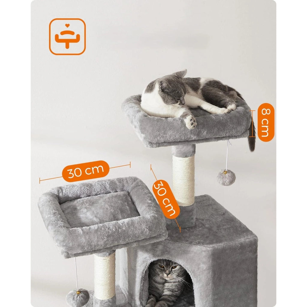 Tiragraffi per gatti a torre con cuccia e amaca grigio chiaro