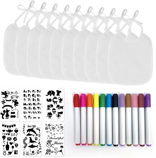 Kit per decorare slabbettoni per baby, 10 pezzi, inclusi 12 pennarelli colorati e 6 stencil per la pittura