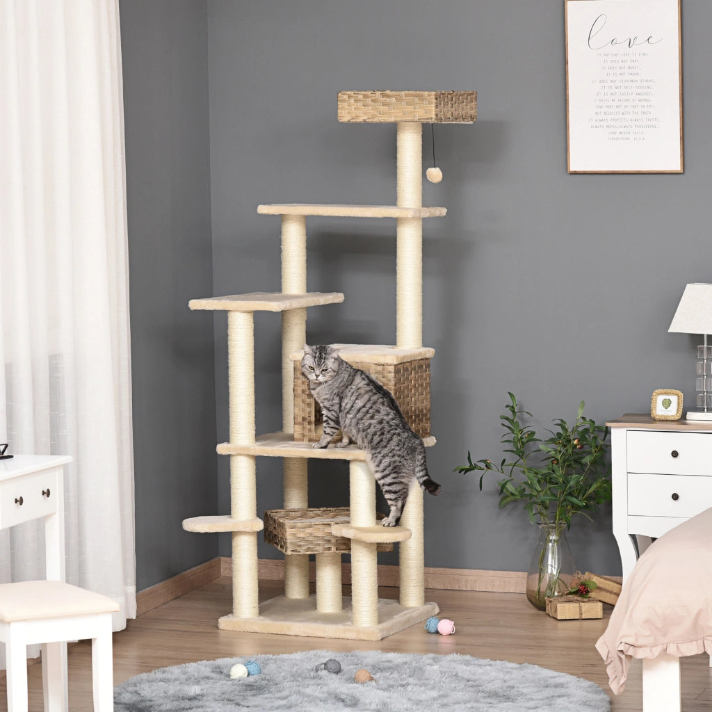 Albero per gatti a pi¨´ livelli con tana ¨C Minimal ¨C MDF sisal beige e marrone 55x55x174