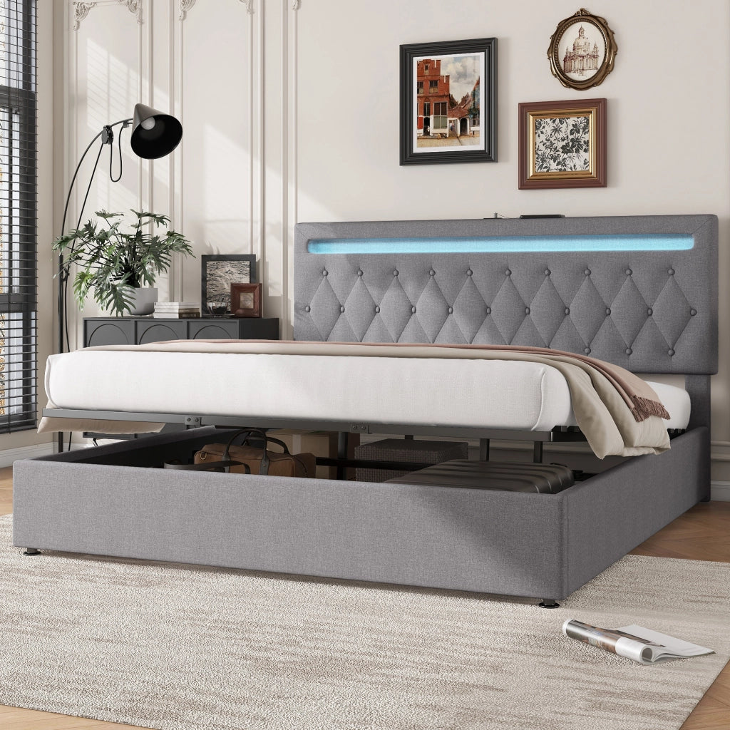 Letti contenitori 180x200 cm con sollevamento idraulico; lino; grigio