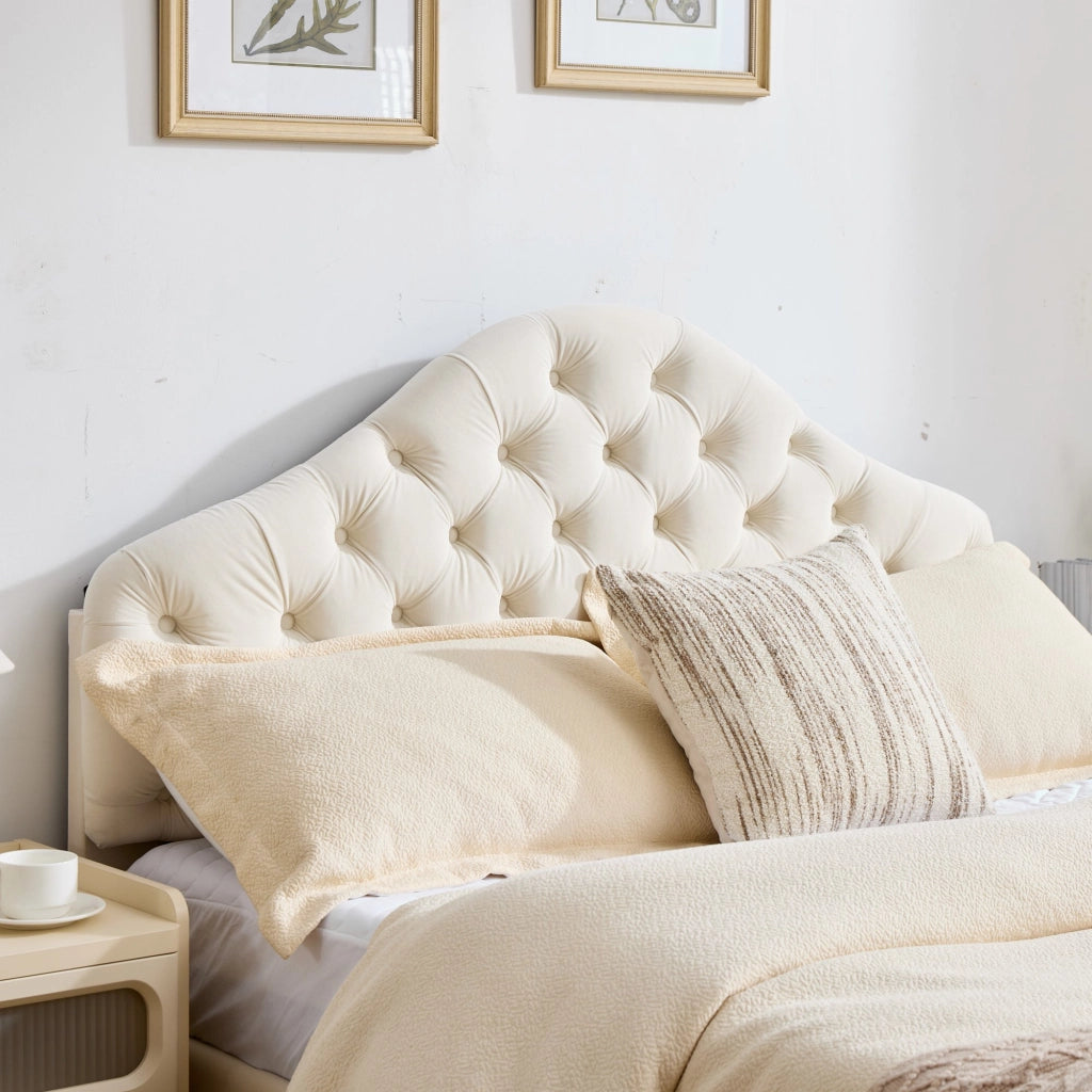 Letto imbottito in velluto beige dimensioni 140x200 cm