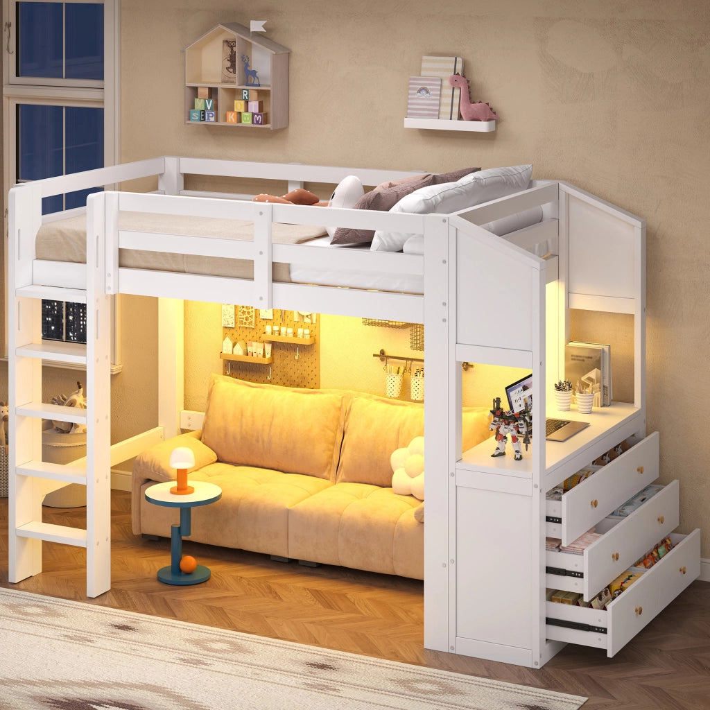 Letto a Soppalco 90x200 cm; Letto Singolo con 3 Cassetti; Mensole e LED - Bianco
