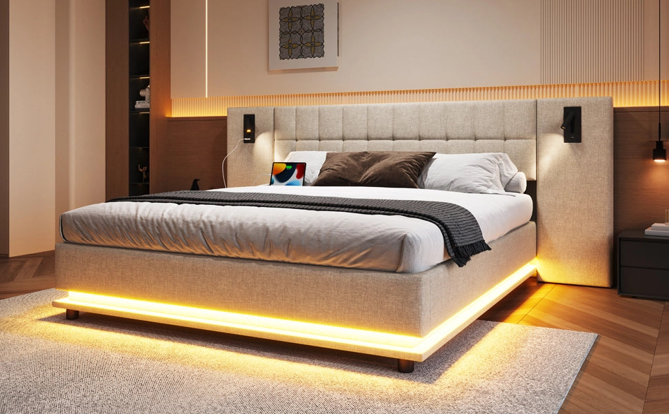DESMIU Letto Matrimoniale 180 × 200 cm con LED regolabile, luce da lettura e USB, senza materasso, lino, beige