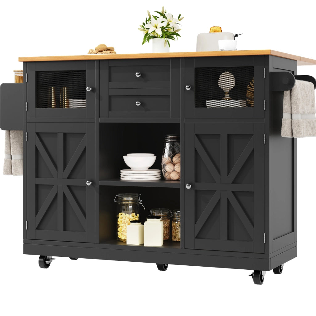 Carrello cucina 140x40x93.5 cm con piano pieghevole; 2 cassetti; MDF nero