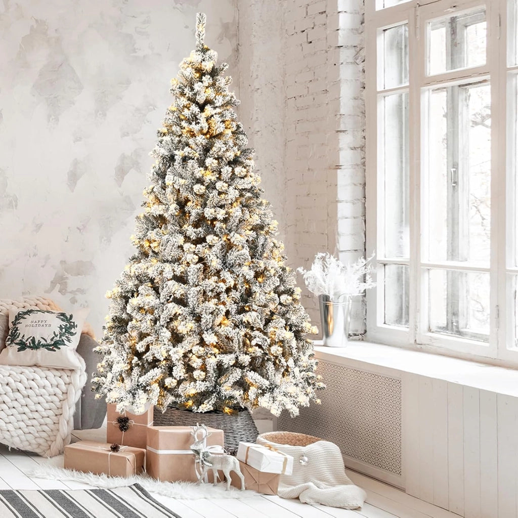 Albero di Natale Innevato 225 cm, Albero di Natale con 450 Luci a LED Bianco Caldo, 1010 Rami Folti e Base Metallica, Ideale per Casa, Ufficio e Negozio (225 CM)