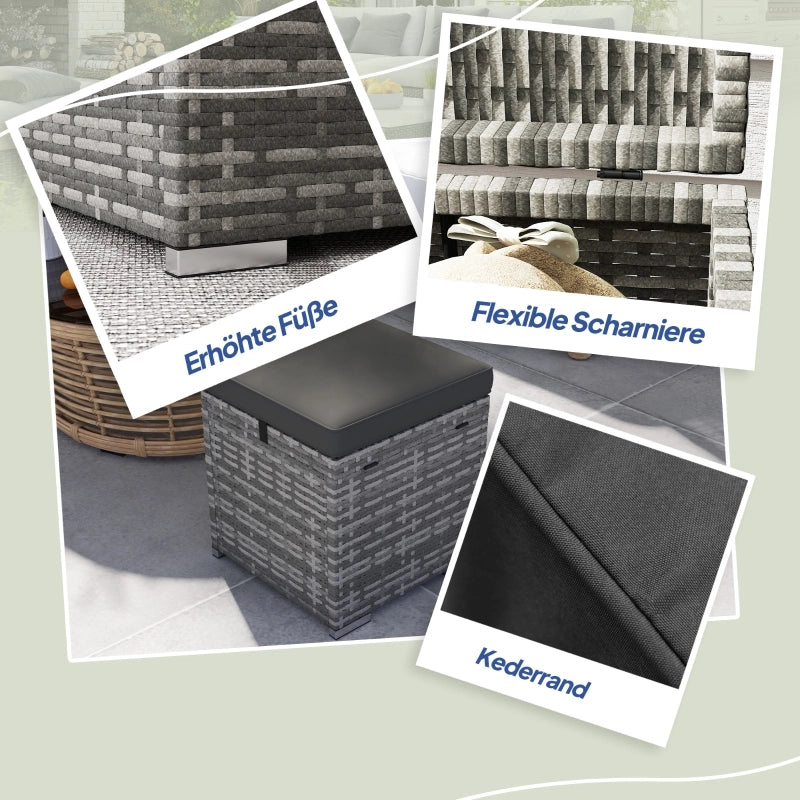 Set di 2 sgabelli effetto rattan con vano contenitore e cuscini realizzati in rattan grigio scuro.