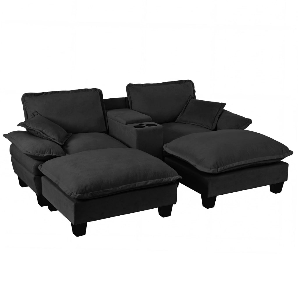 Divano modulare con contenitore USB portabicchieri 2 pouf e 2 cuscini in ciniglia nero 224×151×90 cm