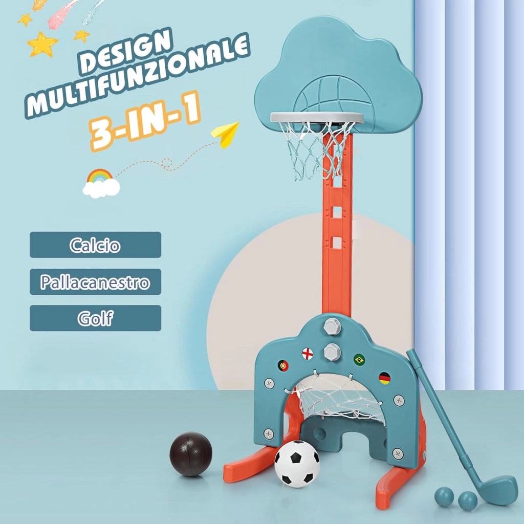 Basket per Bambini Centro Attività Multifunzione - Palla Canestro, Calcio e Golf, Mazza da Golf e Palle incluese, per Bambini, Altezza Regolabile (Nuvola Verde)