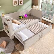 Divano letto estraibile 90x200 cm, letto singolo con porta USB e Tipo-C, beige, senza materasso
