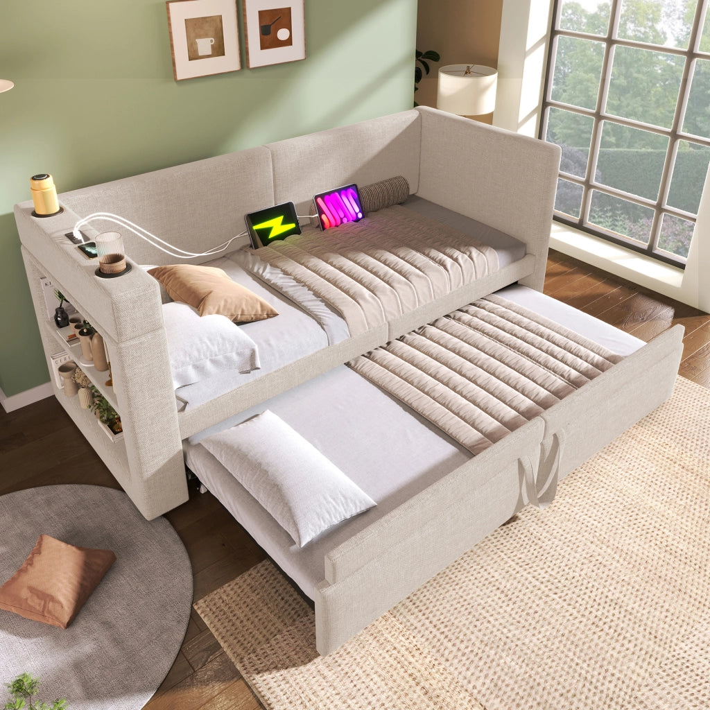 Divano letto estraibile 90x200 cm, letto singolo con porta USB e Tipo-C, beige, senza materasso