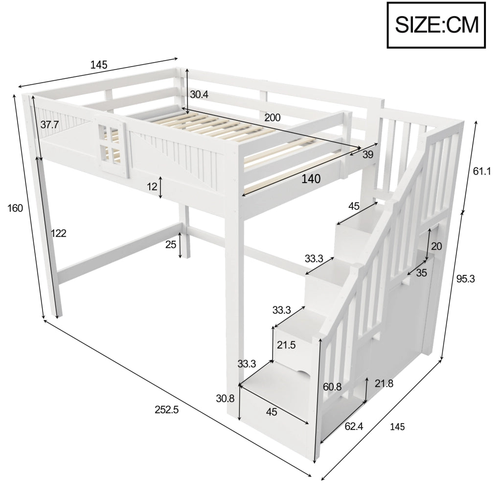 Letto a soppalco 140x200 cm in legno massello; bianco; con scala reversibile e spazio contenitivo