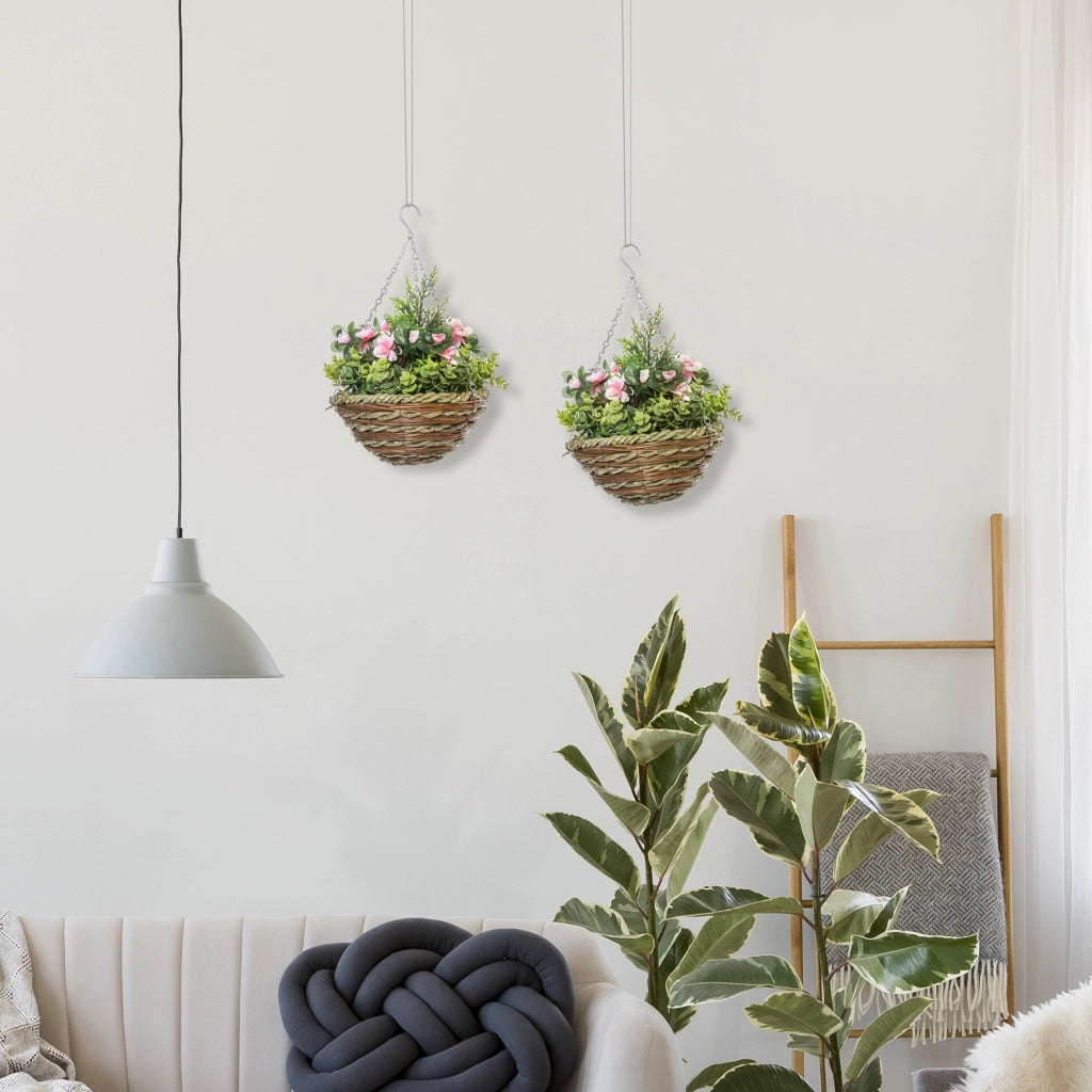 EasyComfort Set 2 Piante Finte di Lisianthus con Vaso e Gancio, Piante Artificiali in PE e Vimini, Ø25x34 cm, Verde e Rosa