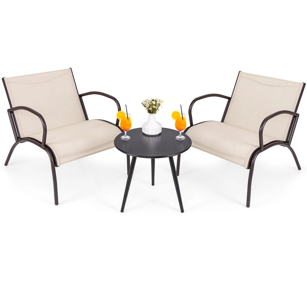 Set di sedie con braccioli e tavolino in alluminio metallico con seduta curvata in tessuto-Set di poltrone da esterno a 3 pezzi Marrone