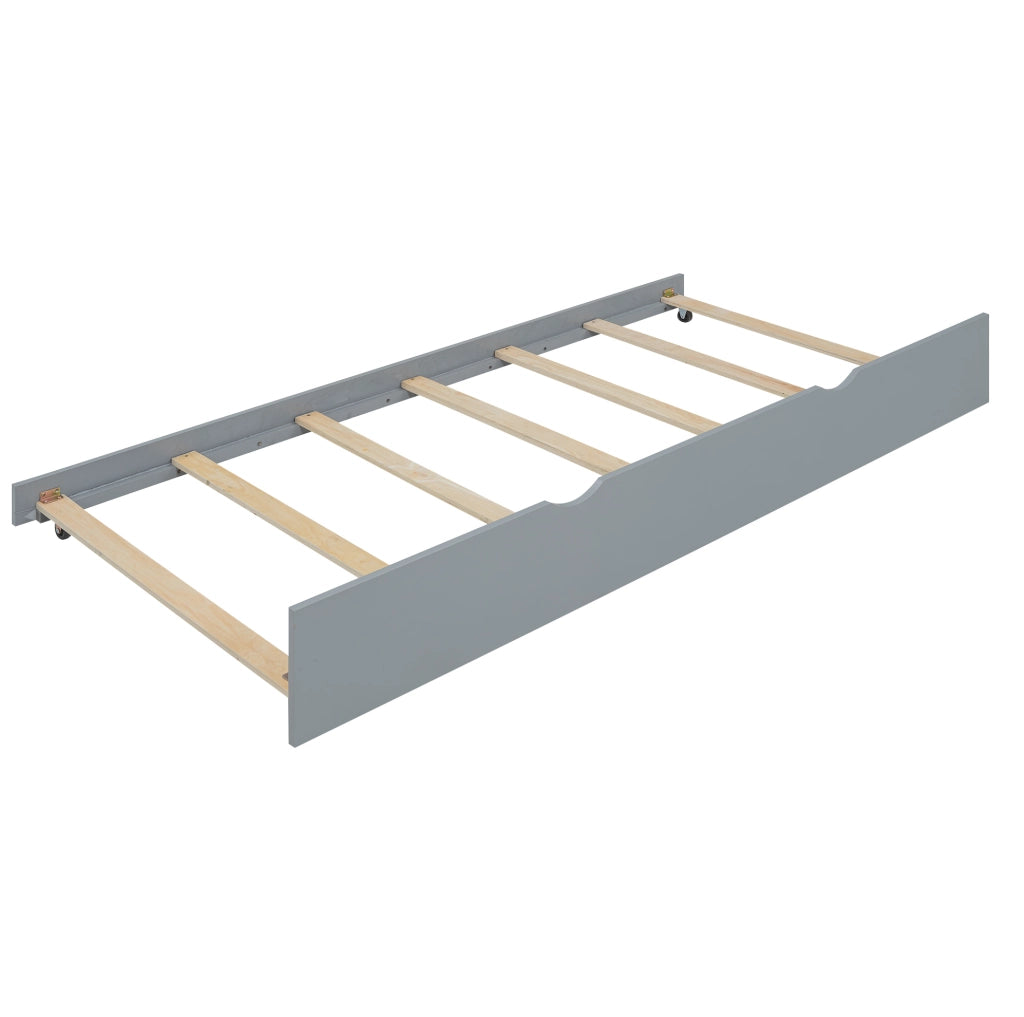 Letto per bambini 90x200 cm con letto estraibile; scrivania e ripiani laterali in legno e MDF grigio