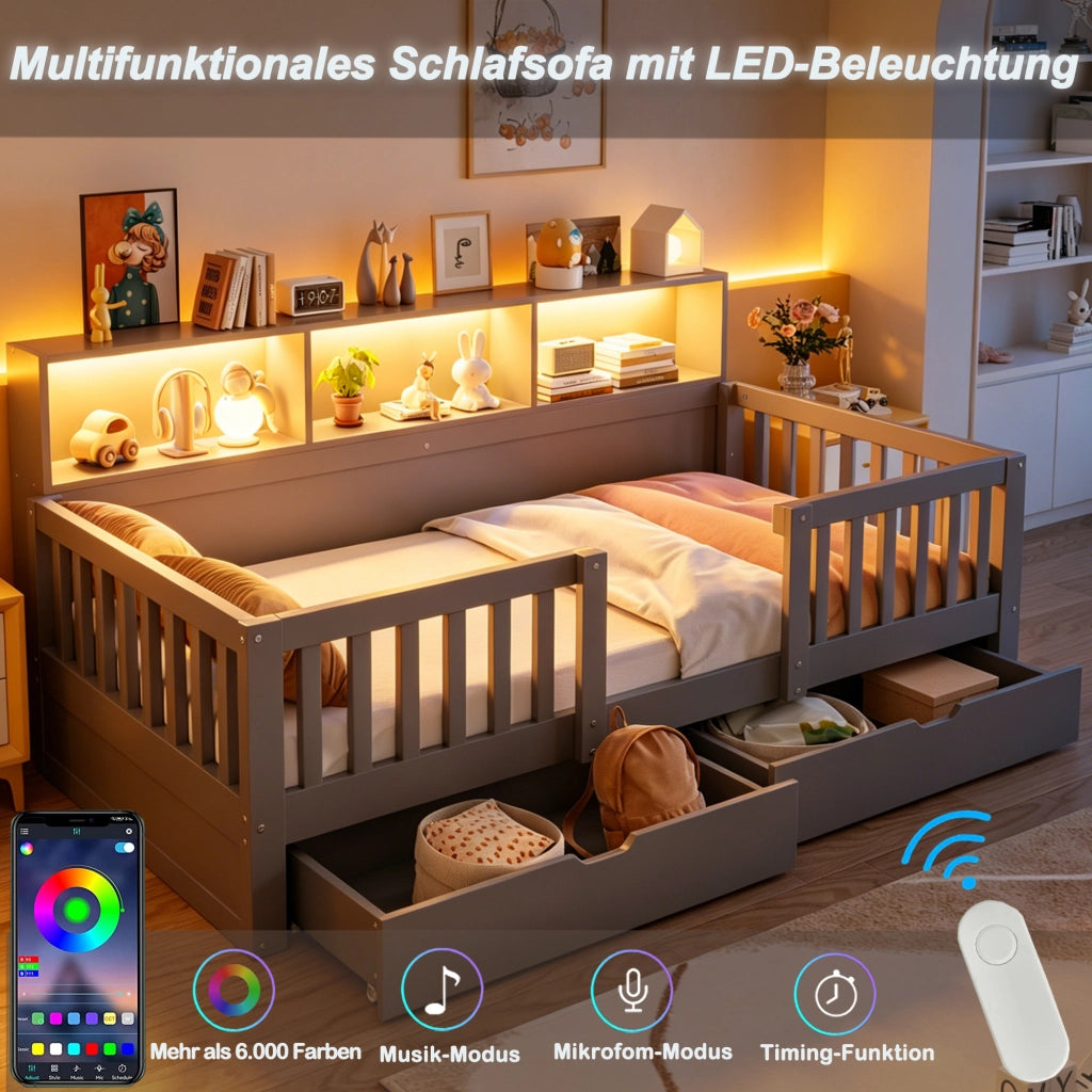 Letto per bambini 90 × 200 cm con barriera di sicurezza, 2 cassetti, ripiani e LED, senza materasso, grigio