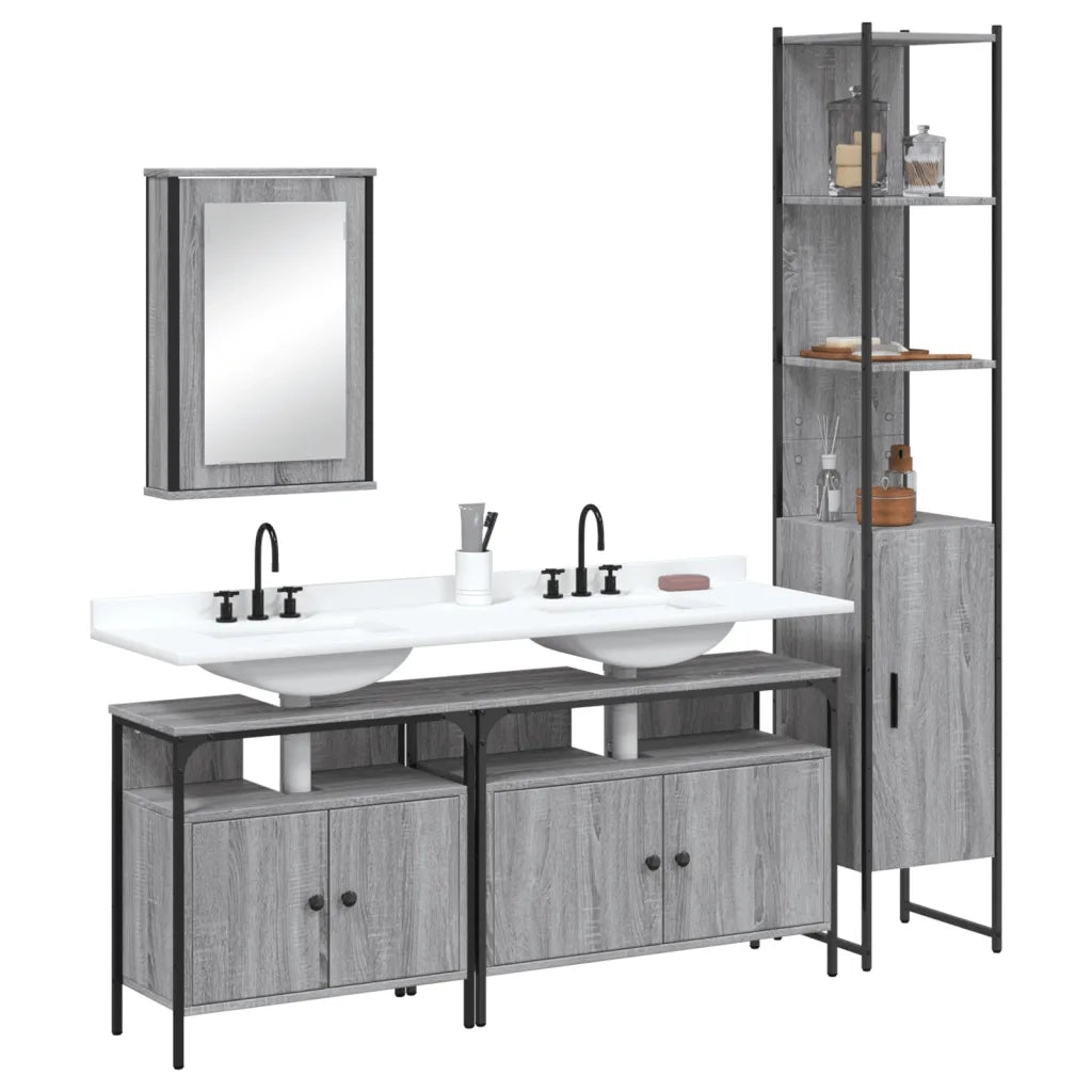 Set Mobili da Bagno | Armadio da bagno 4 pz Grigio Sonoma in Legno Multistrato