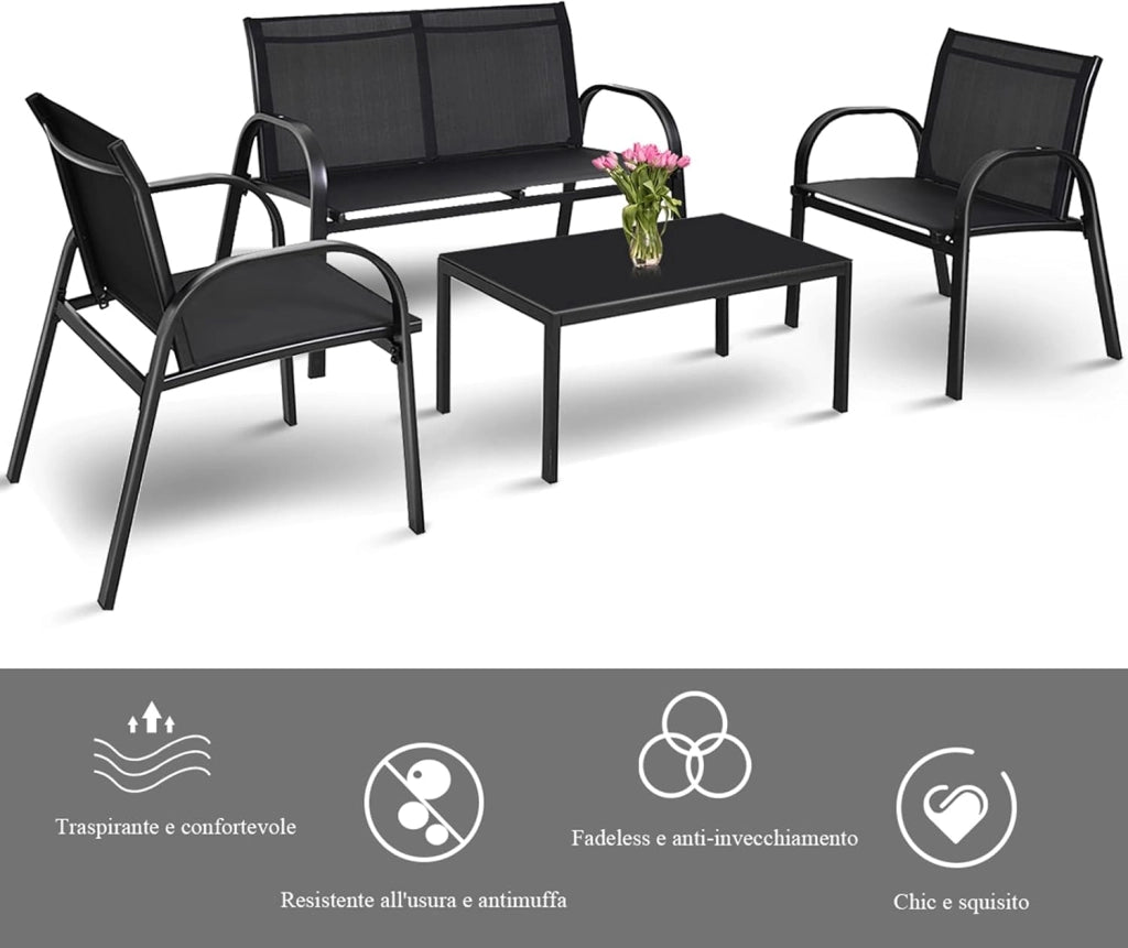 Set da Giardino con 4 Pezzi, Set da Giardino per Chiacchierare, Sedie da Giardino con Tavolino in Vetro, con Struttura Resistente in Ferro, Tessuto a Rete Traspirante (Nero)
